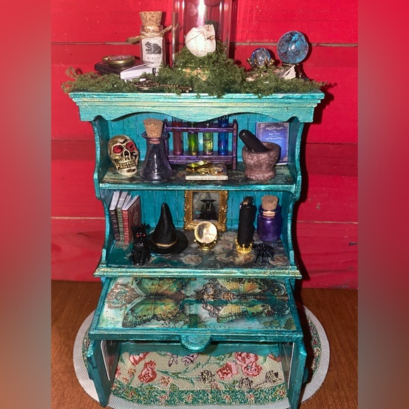 Miniature Teal Curio Cabinet with Halloween Decor - Picture 3 of 4